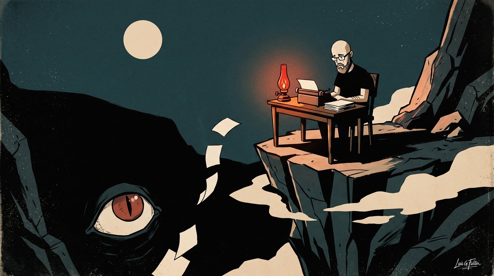 Ilustración de una máquina de escribir con una hoja en blanco entre un farol encendido y una calavera, bajo un arco gótico de piedra