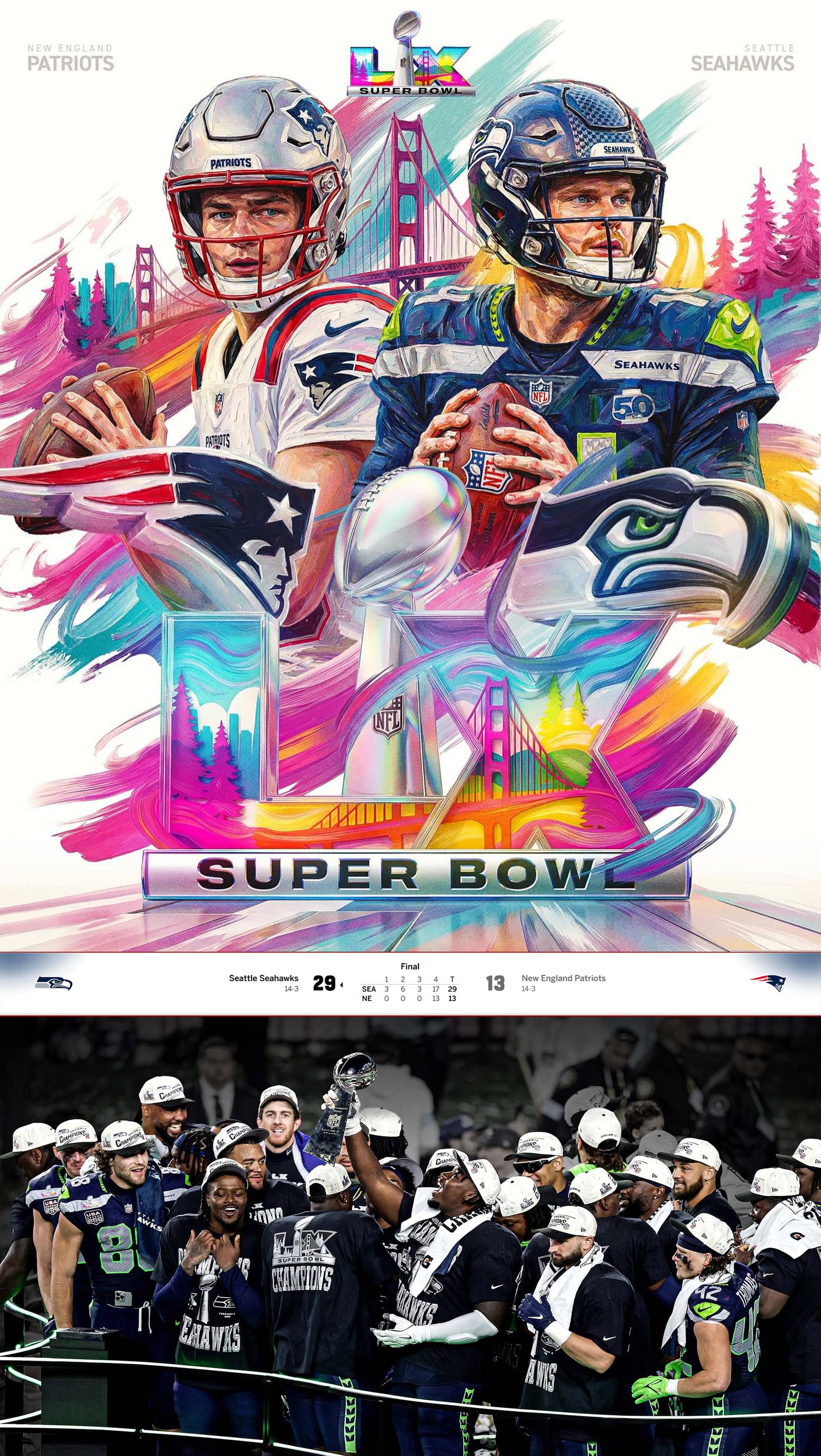 Cartel ilustrado de la Super Bowl LX con los quarterbacks de los Patriots y de los Seahawks bajo el logotipo LX, el marcador final Seahawks 29 - Patriots 13 y jugadores de Seattle celebrando con el trofeo Vince Lombardi